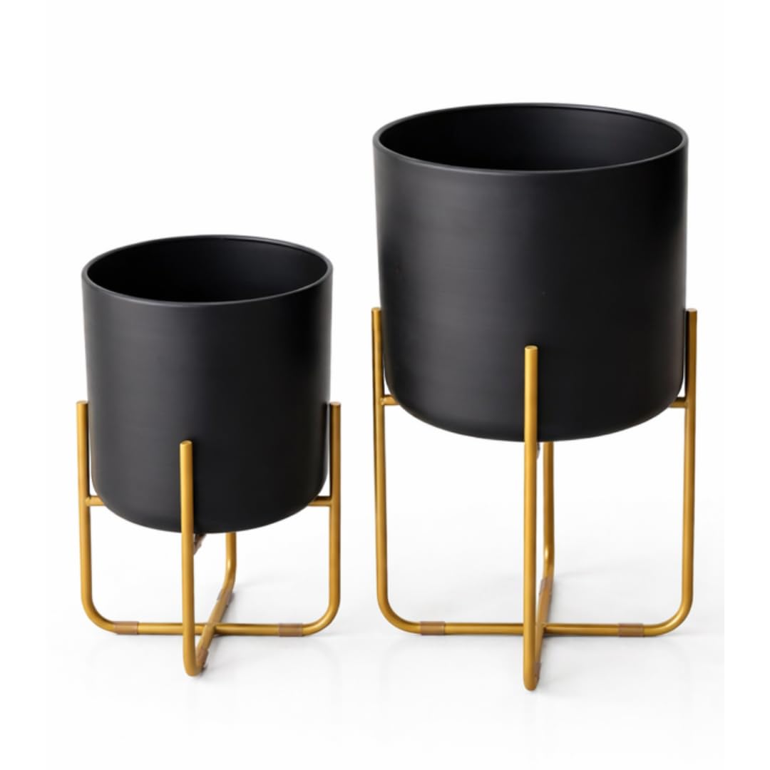 Kirpi Modern Planter Pots, Set of 2 Round Black Planters with Gold Stand, Decorative Floor Planters, Metal Pots with Drainage Holes for Living Room, Office, Garden, Balcony, 7 and 9 Inch Diameter
