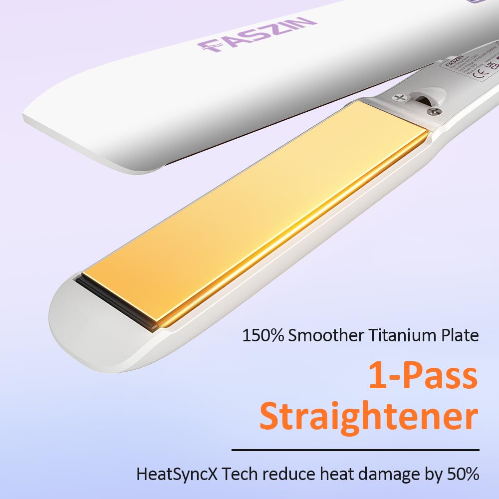 Faszin Hair Straighteners, Ionic Titanium Plate for Smooth Shiny Results, 20S Fast Heat Up Flat Iron, Clear LCD Display (White)