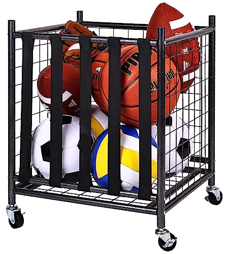 Signature Fitness Garage Sports Equipment Organizer, Garage Ball Storage, Sports Gear Storage, Garage Organizer with Baskets and Hooks, Rolling Sports Ball Storage Cart, Black, Steel