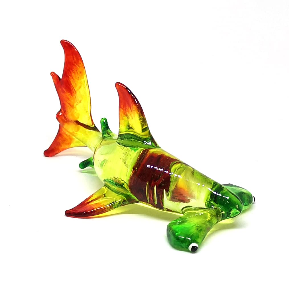 ZOOCRAFT Hammerhead Shark Figurine Blown Glass Green Sealife Collectible Miniature Aquarium Decor