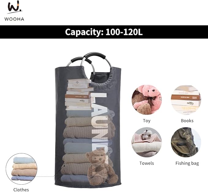 WOOHA 125L Large laundry basket, Collapsible laundry hamper, Tall Clothes