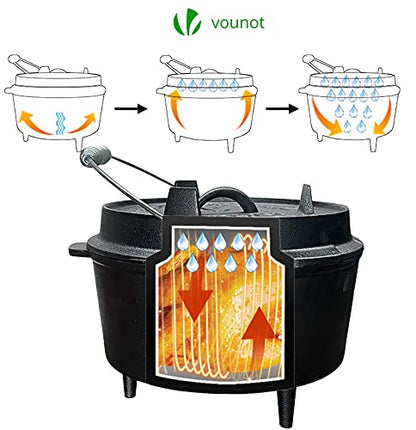 VOUNOT Dutch Oven 9 Liters, Pre-Seasoned Cast Iron Pot with Carry Bag, Feet, Lid Lifter, Spiral Handle and Slot for Thermometer, for Camping, Cooking Baking