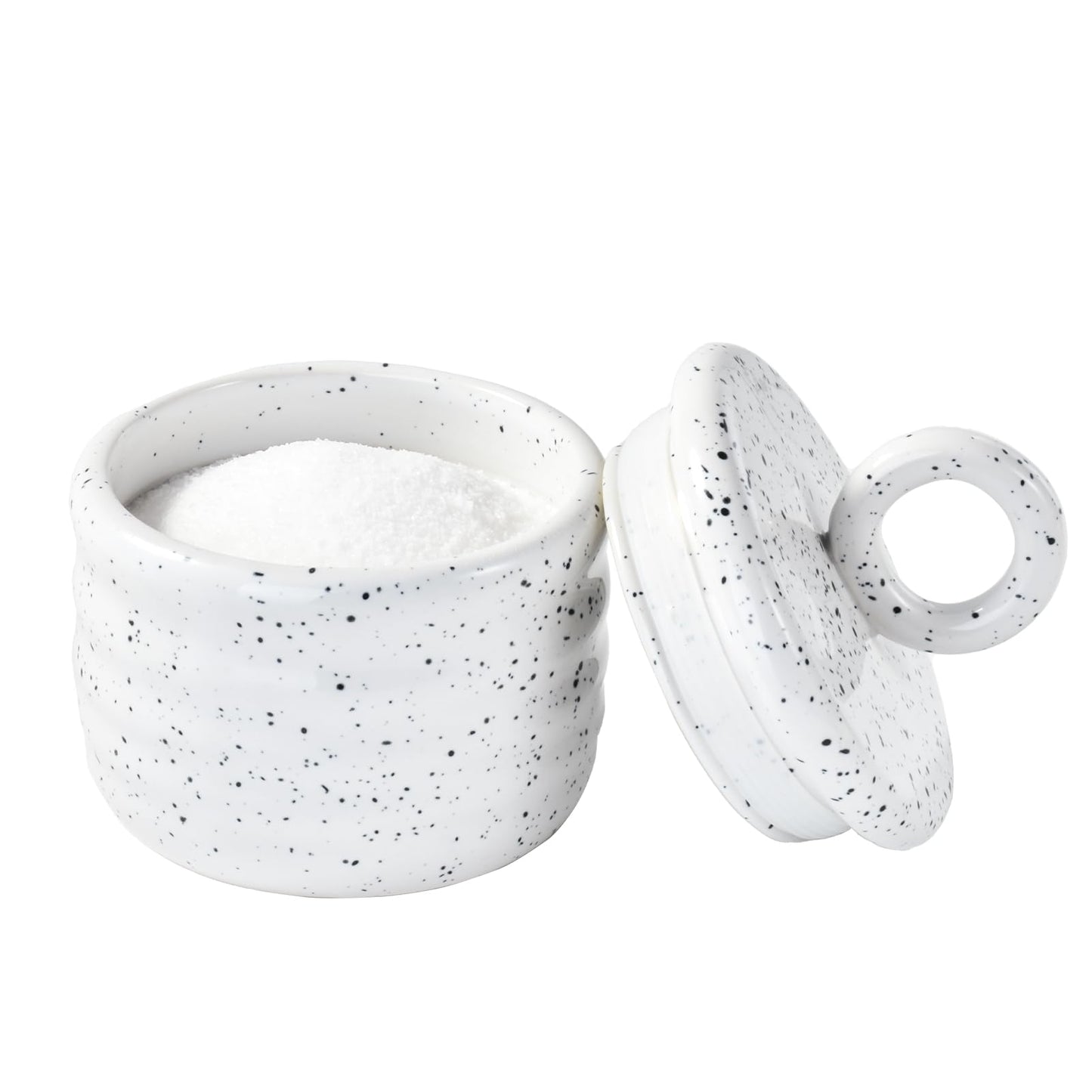 Salt Cellar Keeper with Ceramic Lid, Big Capacity Ceramic Sugar Bowls Pepper Box, Speckled Glaze Seasoning Container Condiment Pot for Kitchen (White)