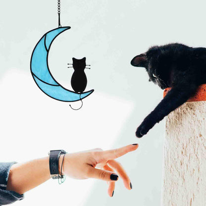 HAOSUM Black Cat Decor On Moon Suncatcher Decoration,Cat Memorial Gifts for Cats Lovers Stained Glass Window Hangingt,Cats Loss Sympathy Gift,Pet Memorial Gifts for Women