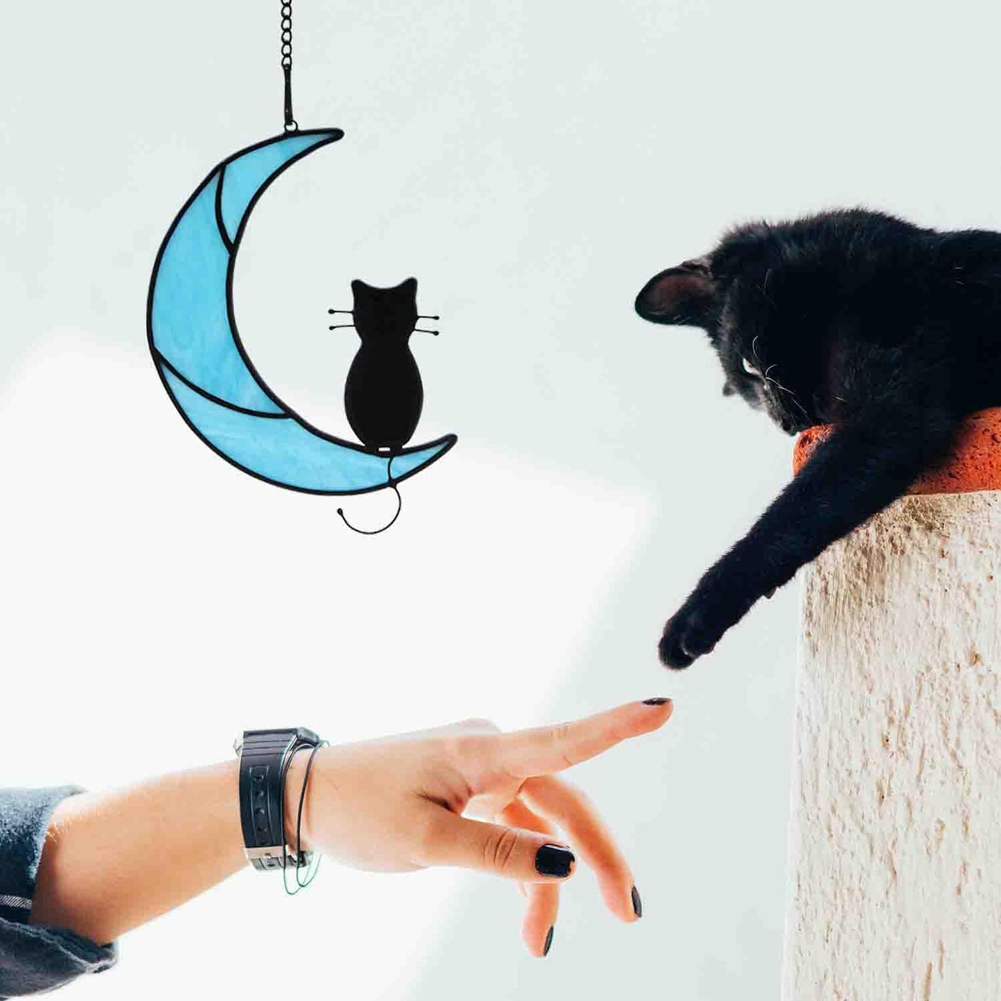 HAOSUM Black Cat Decor On Moon Suncatcher Decoration,Cat Memorial Gifts for Cats Lovers Stained Glass Window Hangingt,Cats Loss Sympathy Gift,Pet Memorial Gifts for Women