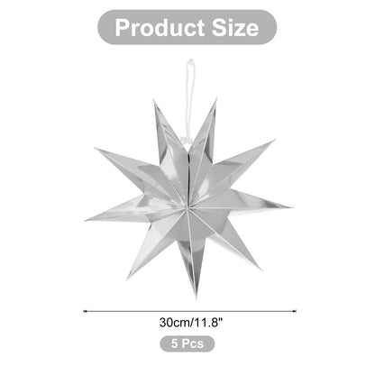 MECCANIXITY 5 Pcs Paper Star Lanterns 9-Pointed 12" Hanging Star Paper Lantern Hanging Lampshade for Christmas,Wedding,Graduation Party Supplies, Silver