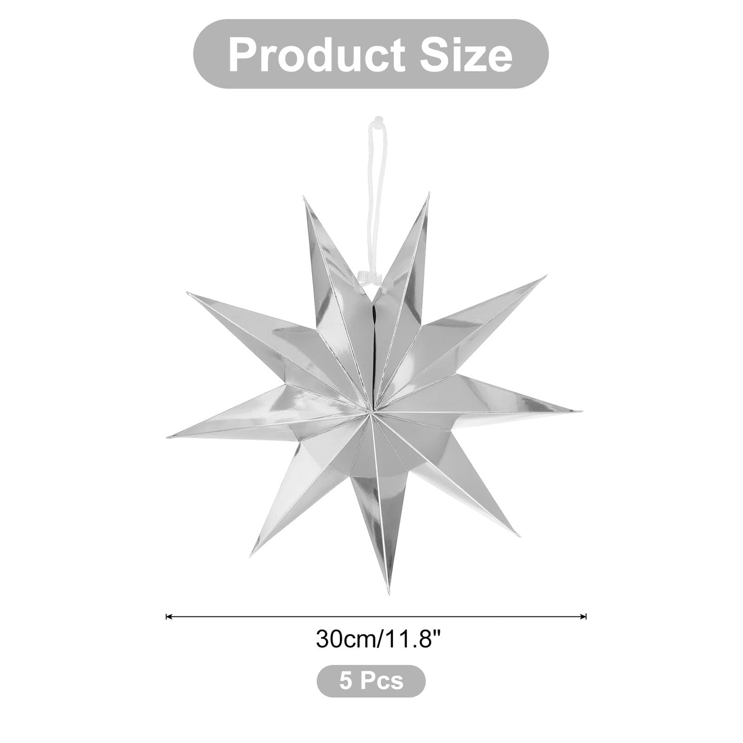 MECCANIXITY 5 Pcs Paper Star Lanterns 9-Pointed 12" Hanging Star Paper Lantern Hanging Lampshade for Christmas,Wedding,Graduation Party Supplies, Silver