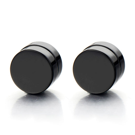 COOLSTEELANDBEYOND Unisex Magnetic Black Stud Earrings, 6mm Round Stainless Steel Non-Piercing Studs, 1 Pair