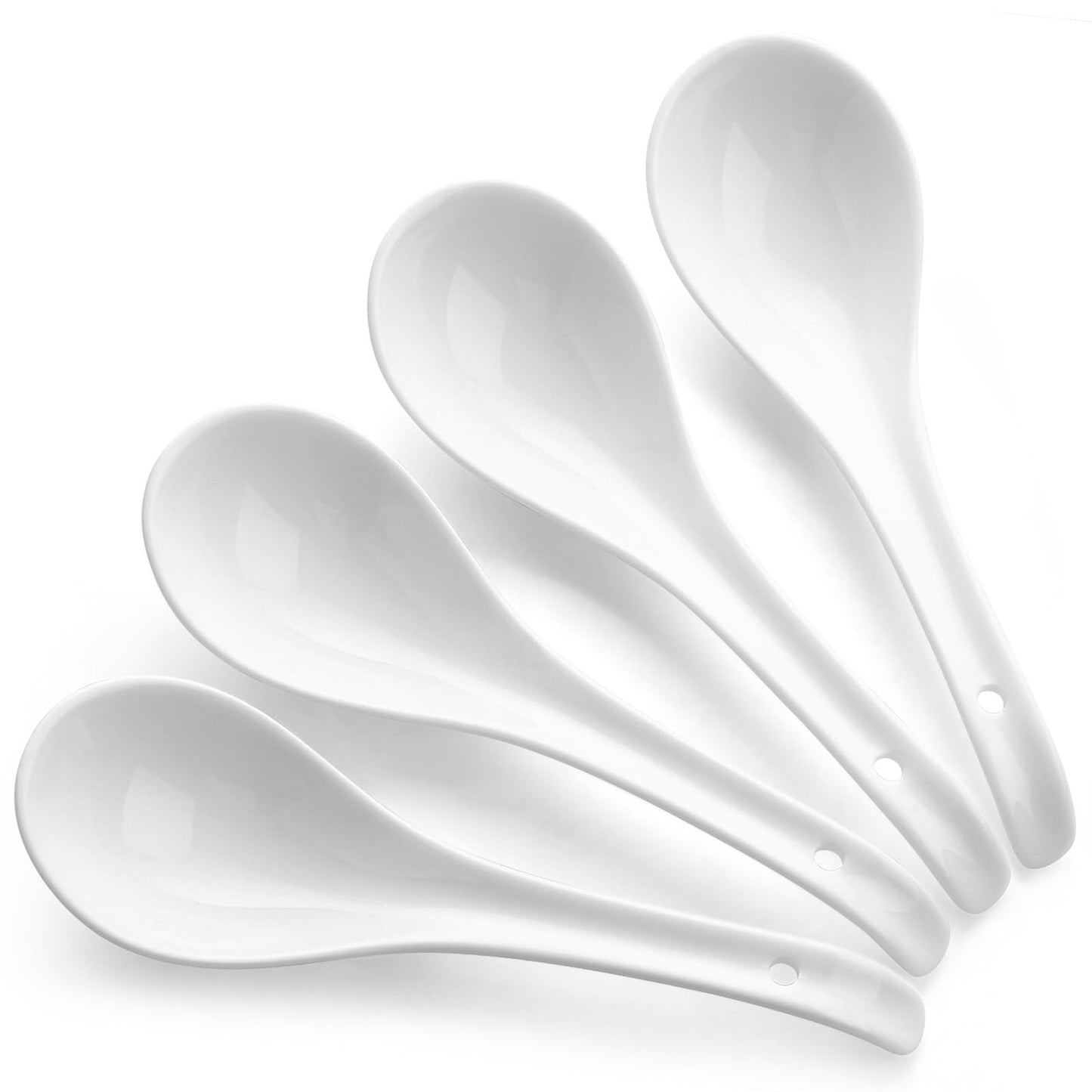 DOWAN Soup Spoons, Ceramic Asian Soup Spoons, White Japanese Spoon Large for Ramen Pho Wonton Dumpling Miso, Deep Oval Hook Design, Set of 4 (4, Soft white)