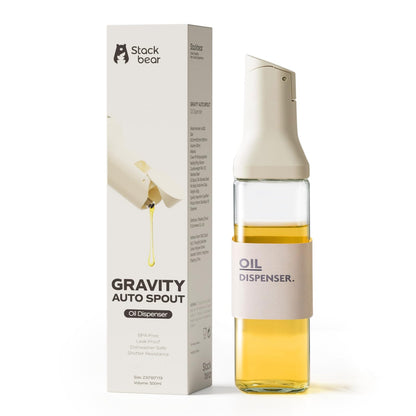 stackbear Olive Oil Dispenser for Cooking - 16oz Leakproof Glass Oil Dispenser Bottle with Gravity Spout, Air Fryer, BBQ, Healthy Salad & Non-Stick Pans, BPA-Free, Easy to Refill and Use, Light Grey