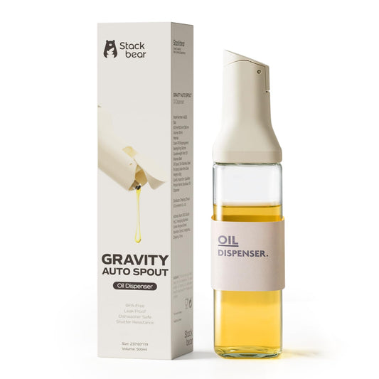 stackbear Olive Oil Dispenser for Cooking - 16oz Leakproof Glass Oil Dispenser Bottle with Gravity Spout, Air Fryer, BBQ, Healthy Salad & Non-Stick Pans, BPA-Free, Easy to Refill and Use, Light Grey