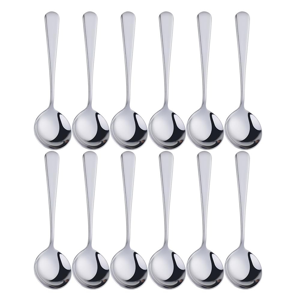 Broth Round Spoon Set, 12 Piece Reusable Stainless Steel Dinner Table Cereal Soup Spoon, Camping Ramen Spoons,Silver,dishwasher safe