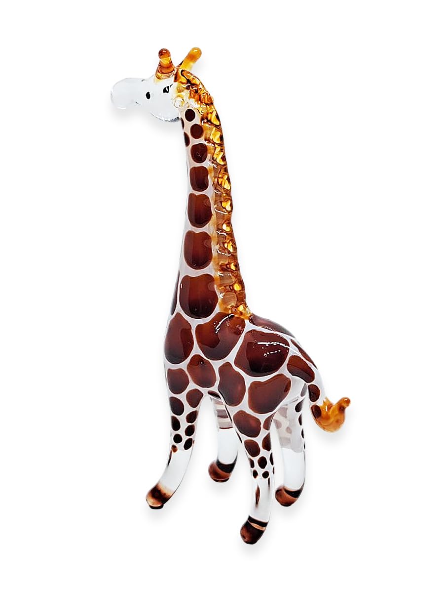 ChangThai Design Tiny 2⅝" High Brown White Giraffe Standing Figurine - Miniature Hand Blown Glass Giraffes Savanna Wildlife Long Neck Tallest Animals Crystal Decorative Collectible Figures Décor Gifts