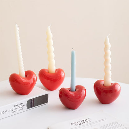 WAIT FLY Red Heart Shaped Ceramic Candlestick Holders, Set of 2 Candle Holders for Dinning Wedding Party Table Centerpieces Home Decoration