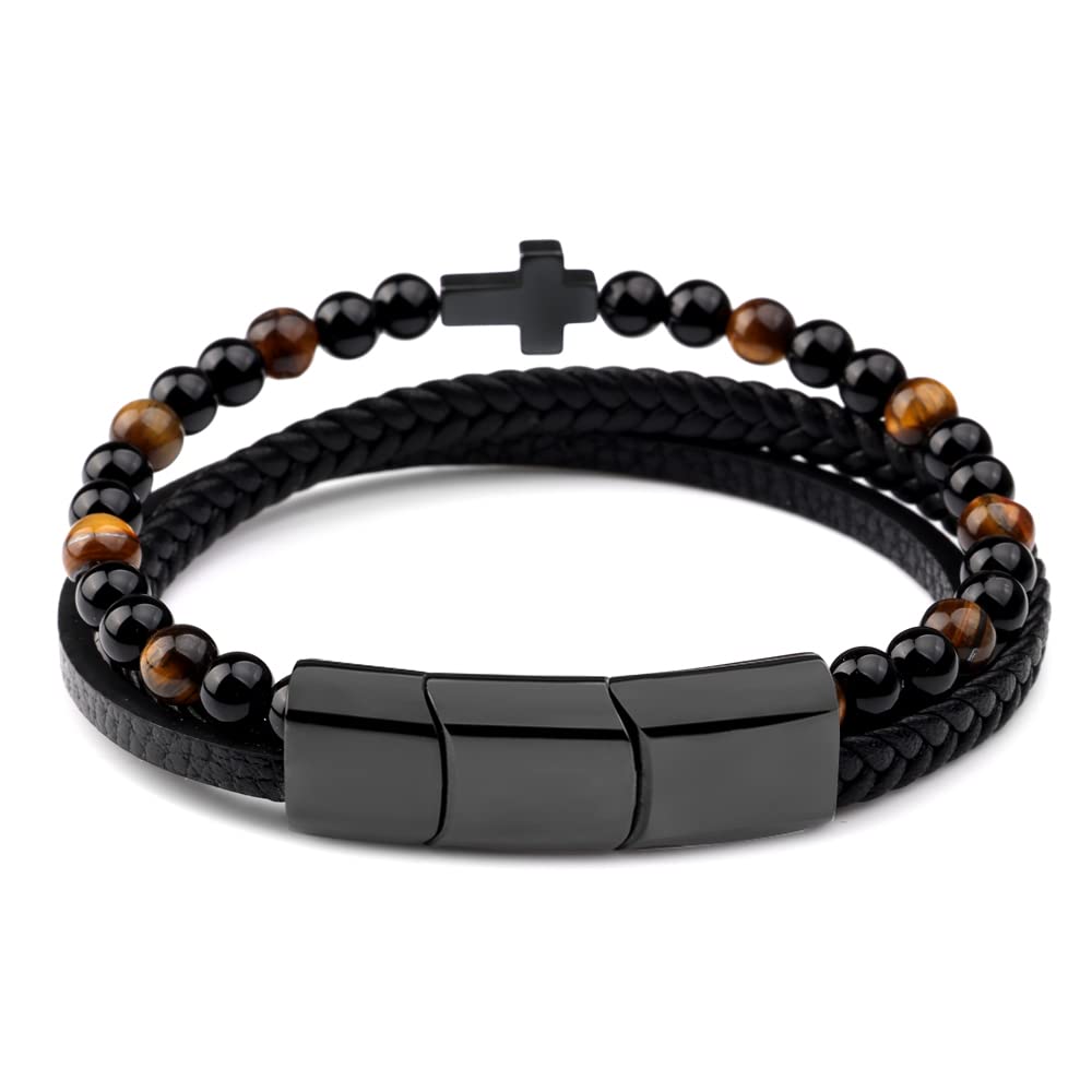 LIVLOKO Mens Bracelet Leather Black Multi-Layer Tiger-Eye Beaded Bracelet for Men Magnetic Clasp Rope Wristband Mens Gift for Boyfriend