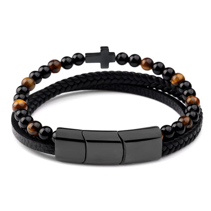 LIVLOKO Mens Bracelet Leather Black Multi-Layer Tiger-Eye Beaded Bracelet for Men Magnetic Clasp Rope Wristband Mens Gift for Boyfriend