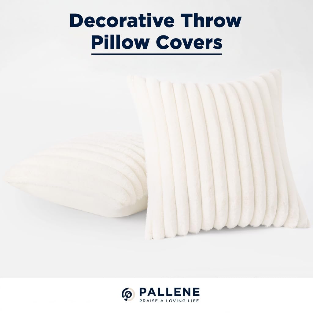 Pallene Faux Fur Plush Christmas Throw Pillow Covers 18x18 Set of 2, Luxury Soft Fluffy Striped Decorative Pillow Covers for Sofa, Couch, Living Room, Cream White