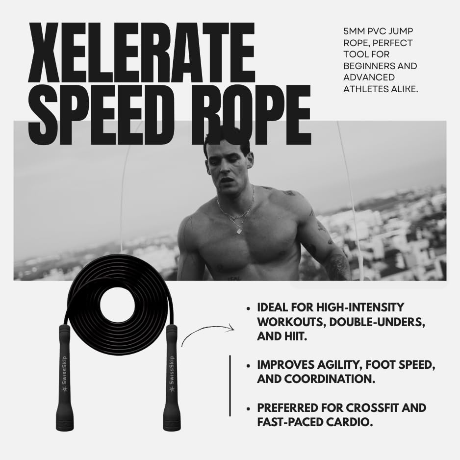 SwissSkip Speed Jump Rope by Dayan Kolev, 5mm PVC Skipping Rope, for Beginners and Advanced Athletes, Ideal for Fitness, Cardio, Boxing & CrossFit, Adjustable length with Unbreakable Handles (Black)