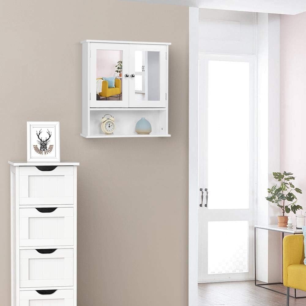 Yaheetech Modern Bathroom Mirror Cabinets, Wall Mount Storage Cabinet with Adjustable Shelf, Double Door Cupboard, White, 56 x 13 x 58 cm