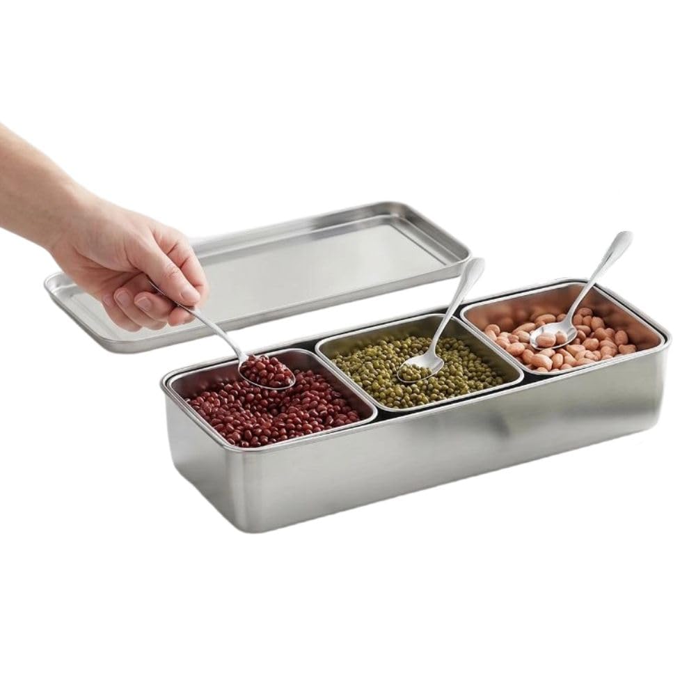 Anu Limen Stainless Steel Condiment Pots 3 Compartment – Spice Storage Box with Lid and 3Pcs Spoons for Salt, Sugar, Peppers 12.99x5.91x2.56 In