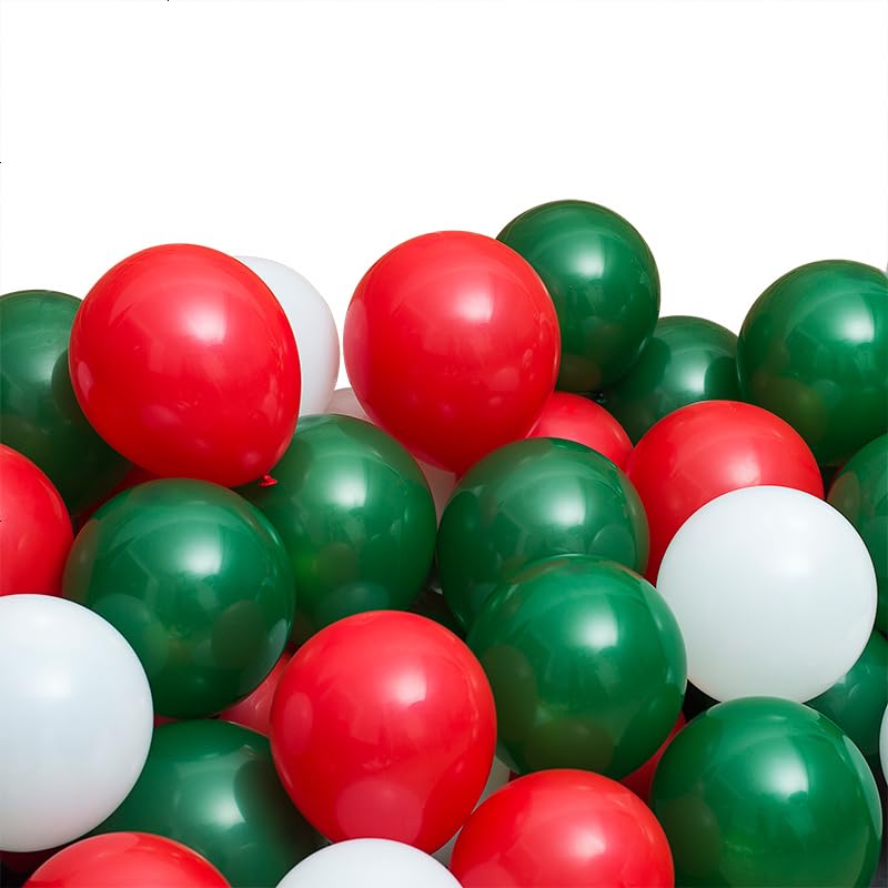 100 Pcs Christmas Red Green Balloons 12 Inch Red Green and White Latex Balloons with 65ft Ribbon for Christmas Birthday Baby Shower Party Decorations