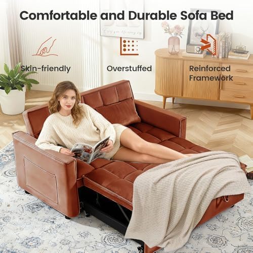 3 in 1 Convertible Sofa Bed, Velvet Fabric Loveseat Sleeper Couch, Modern Pull
