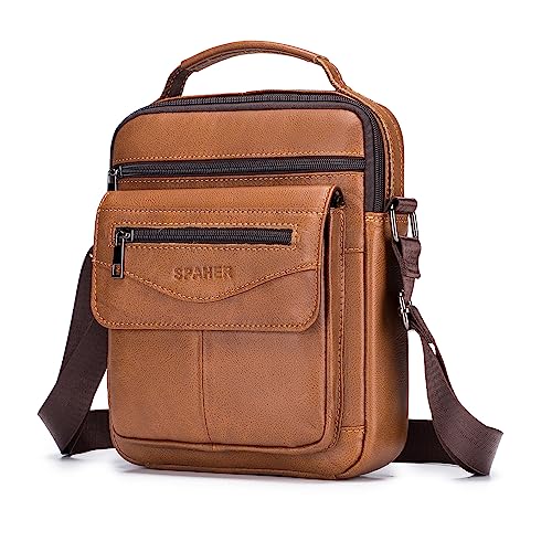 SPAHER Men Leather Handbags Shoulder Bags Messenger Business Bag Crossbody Satchel Sling Waterproof Travel Bag Daily Man Bag with Adjustable Shoulder Strap for Ipad 11 Inch Brown