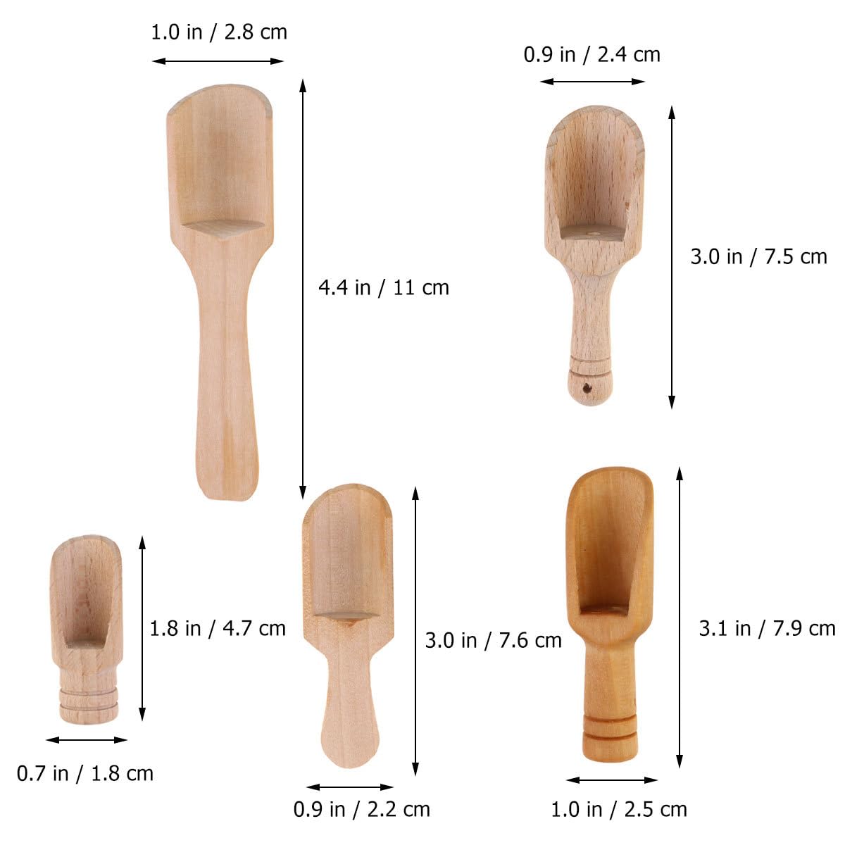 DOITOOL Mini Wooden Salt Spoon Set 5Pcs Small Tea Scoop Kitchen Spice Shovels for Flour Sugar Cereal Serving with Various Handles 4.33In