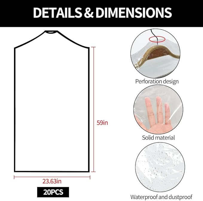 BEISHIDA 20PCS 60 Inch Plastic Garment Bag-Plastic Clear Dry Cleaner Laundry