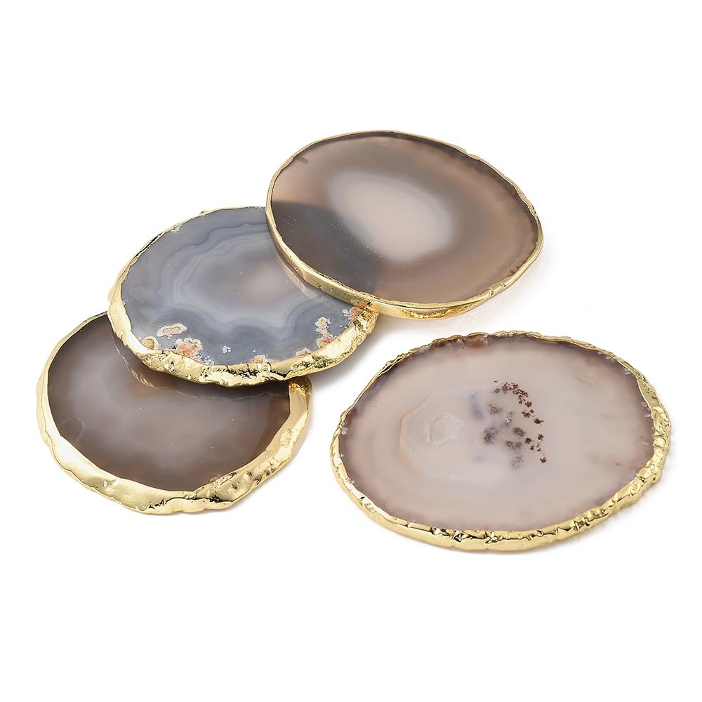 Blueshyhall Natural Agate Coasters Bar Beer Coffee Tea Coaster,White Agate Slices Cup Mat with Gold Plated Edge for Home Decor （Set of 4）
