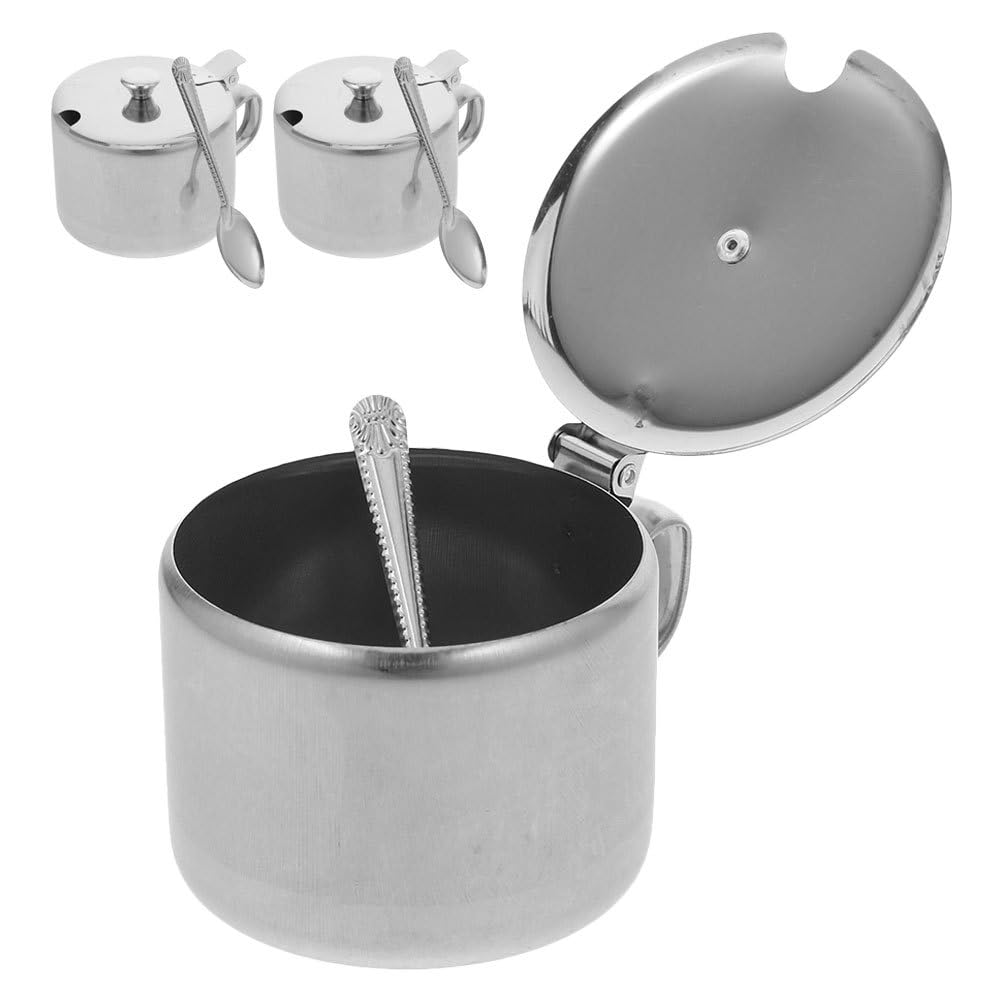 Healvian Stainless Steel Sugar Bowls Set of 3 with Lids and Spoons Multipurpose Kitchen Condiment Containers for Sugar Salt Pepper Spice Storage with Handles 3.93X3.14X2.67 Inches
