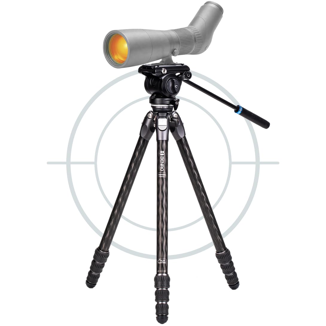 Benro Tortoise Carbon Fiber Tripod Kit for Spotting Scopes, Binoculars, Rifle Range and Field, Smooth Fluid Head, Leveling Base, Twist Locks, Adjustable Legs, Spiked Feet, 62" Max Ht, 8.8lb Payload