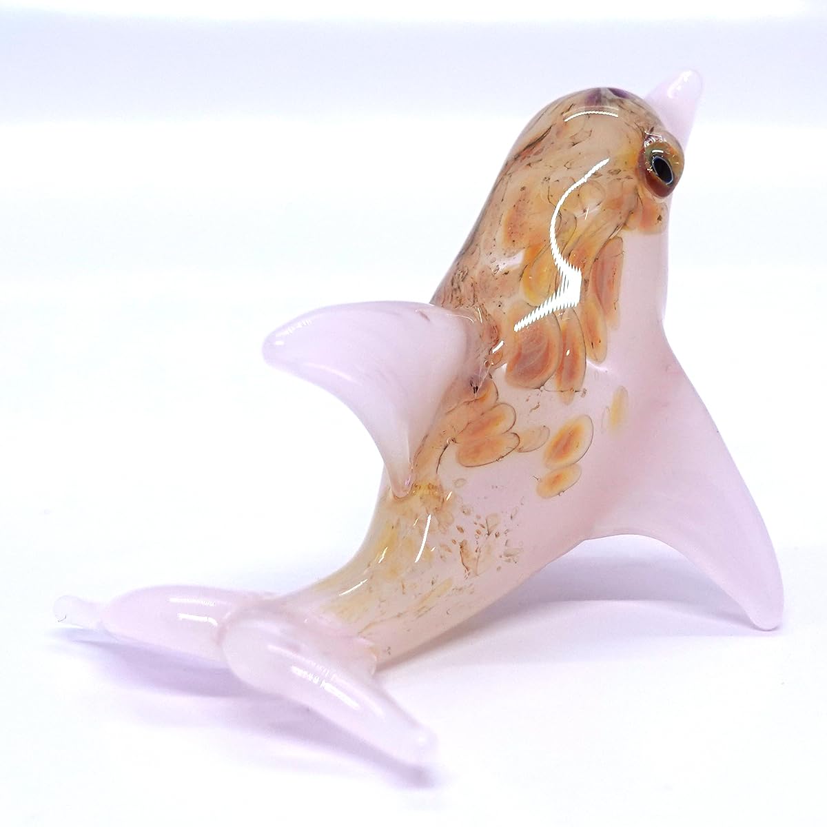 Sansukjai Dolphin Miniature Tiny Hand Blown Glass Art Figurines Sea Animals Ocean Collectible Gift Home Décor (Marble Orange Pink)