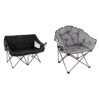 ARROWHEAD OUTDOOR 500lb Portable Folding Double Duo Camping Chair Loveseat Bundle with MacSports 375lb Padded Cushion Outdoor Folding Lounge Patio Club Chair, Gray