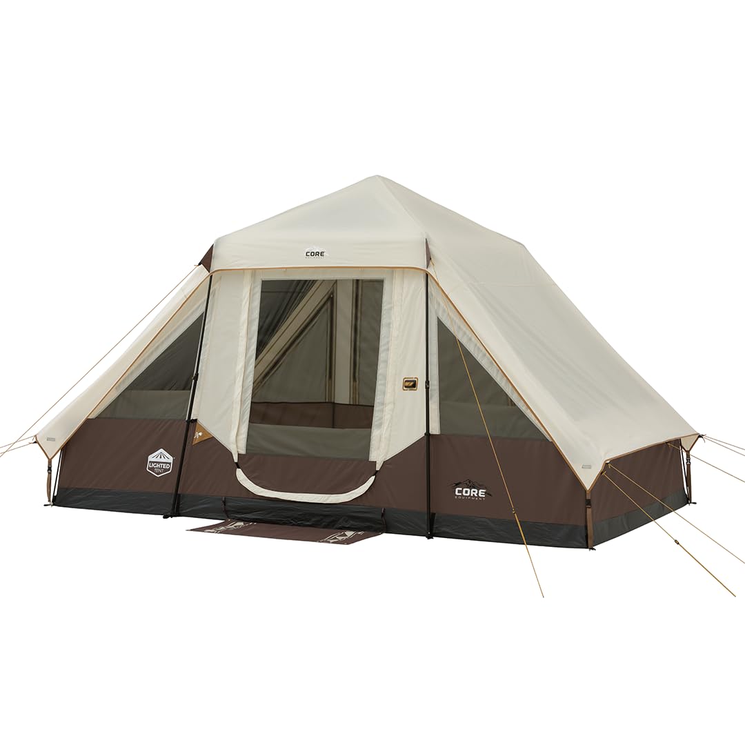 CORE 6 Person Instant Cabin Tent with LED Lights | Large Family Lighted Pop Up Tent with Carry Bag for Camping, Glamping, and Backyard Adventures | Included Storage Pockets for Camp Accessories