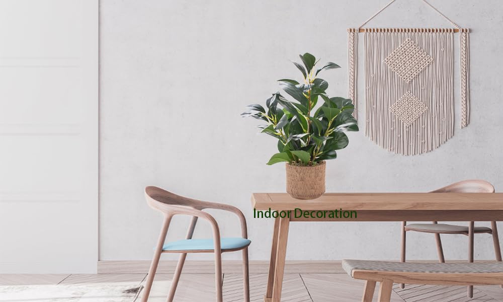 12.6" Fake Plants in Brown Ceramic Vase Real Looking and Touching Evergreen Ficus Leaf Faux Plant indoor for Book Shelf Bathroom Office Desk Kitchen Counter Bedroom Small Space Artificial Plant Decor