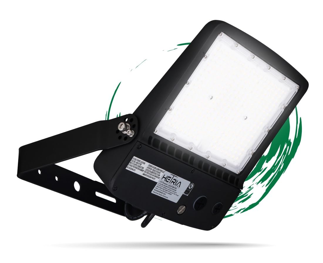 Hetria Lighting 200W - Elara Series - LED Parking Lot Light with Photocell - 28,000 lumens - Bright White 5000K - Wattag Selectable - Flood Mount - Black Housing - DLC 5.1 Premium