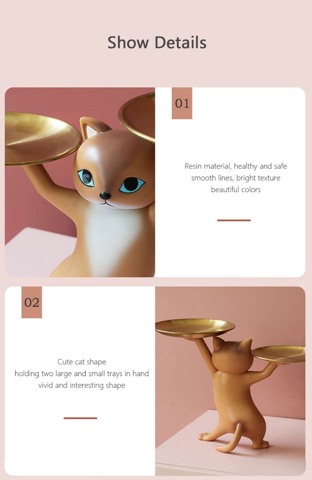 Slowtee Resin Cat Decorative Tray Figurine, Enchanting Dancing Funny Statue for Home/Bedroom/Office Entrance Table Decor, Sculpture for Candy/Snacks/Key/Gadgets Storage (Brown)