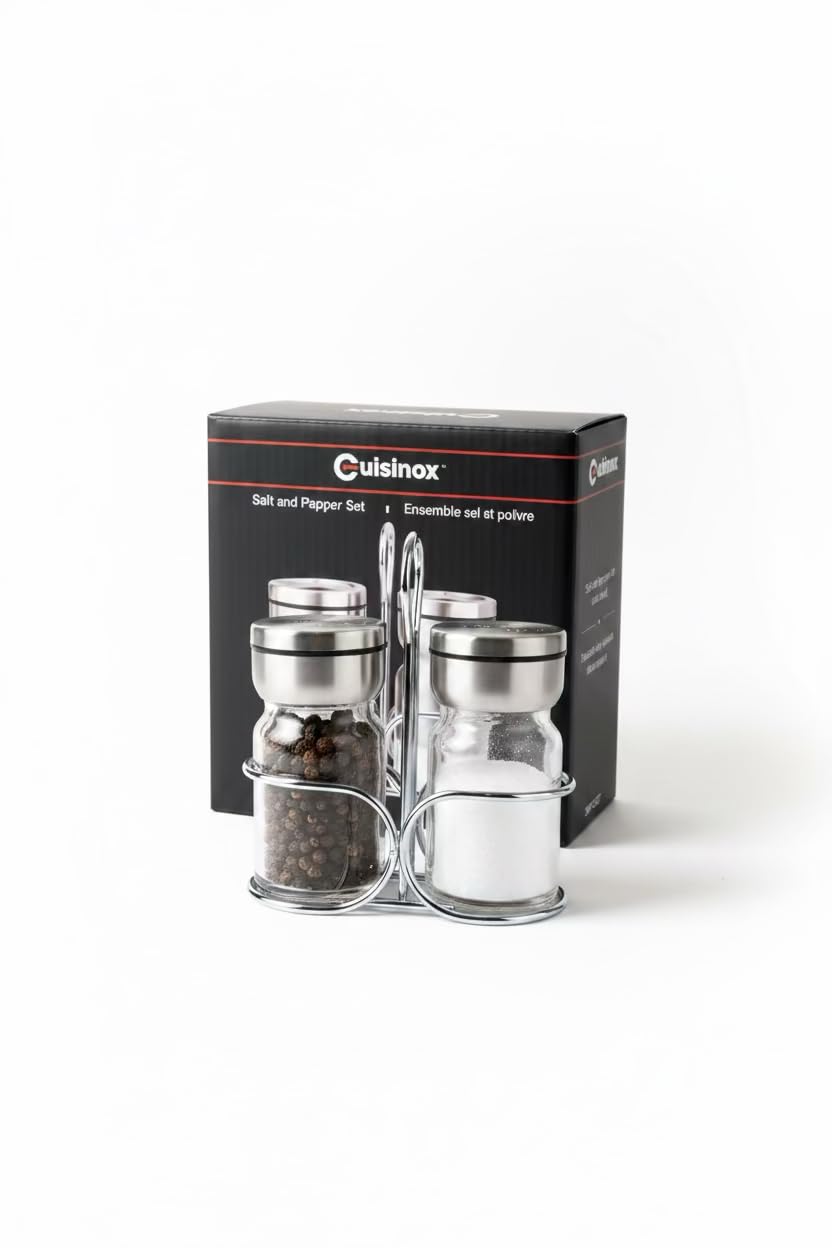 Cuisinox Stainless Steel Salt & Pepper Shakers Set, with Caddy, 4" each