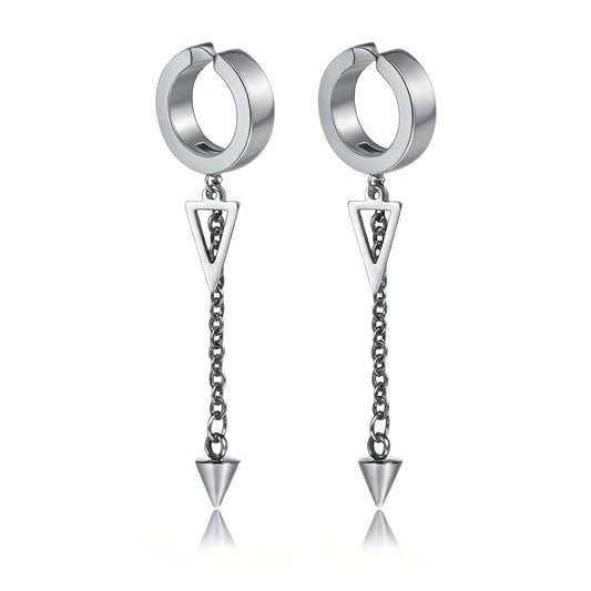 Fusamk Punk Rock Stainless Steel Triangle Ear Clip Earrings Spike Long Chain Dangle Earrings(Silver)
