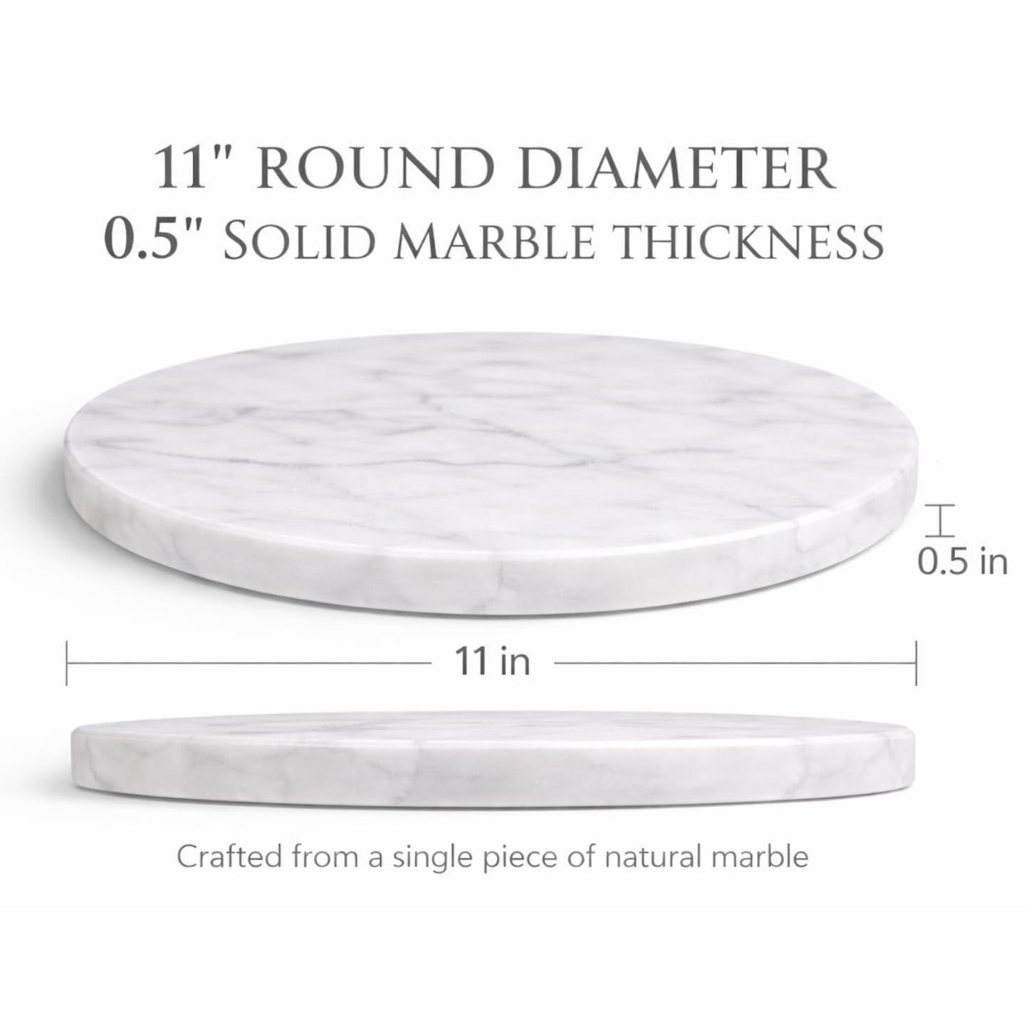 KC KULLICRAFT 11-Inch Round Marble Cheese Board – Solid White Natural Stone Cutting Board & Charcuterie Serving Tray with Non-Slip Feet, 0.5” Thick, Easy to Clean.