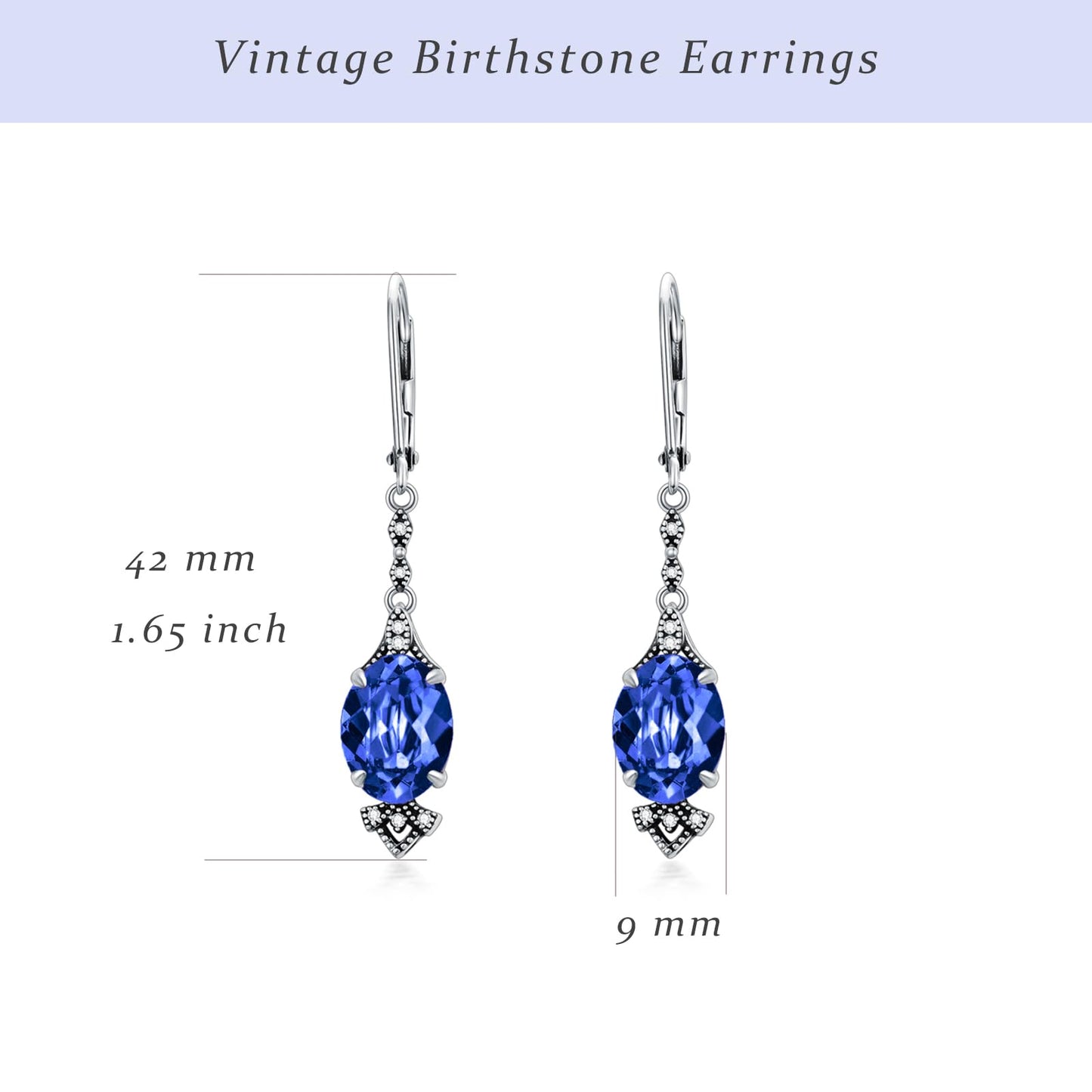 Vintage Sapphire Blue Earrings 925 Sterling Silver Retro Antique Looking Leverback Dangle Drop Earrings with Oval September Birthstone, Anniversary Jewelry Gifts for Women