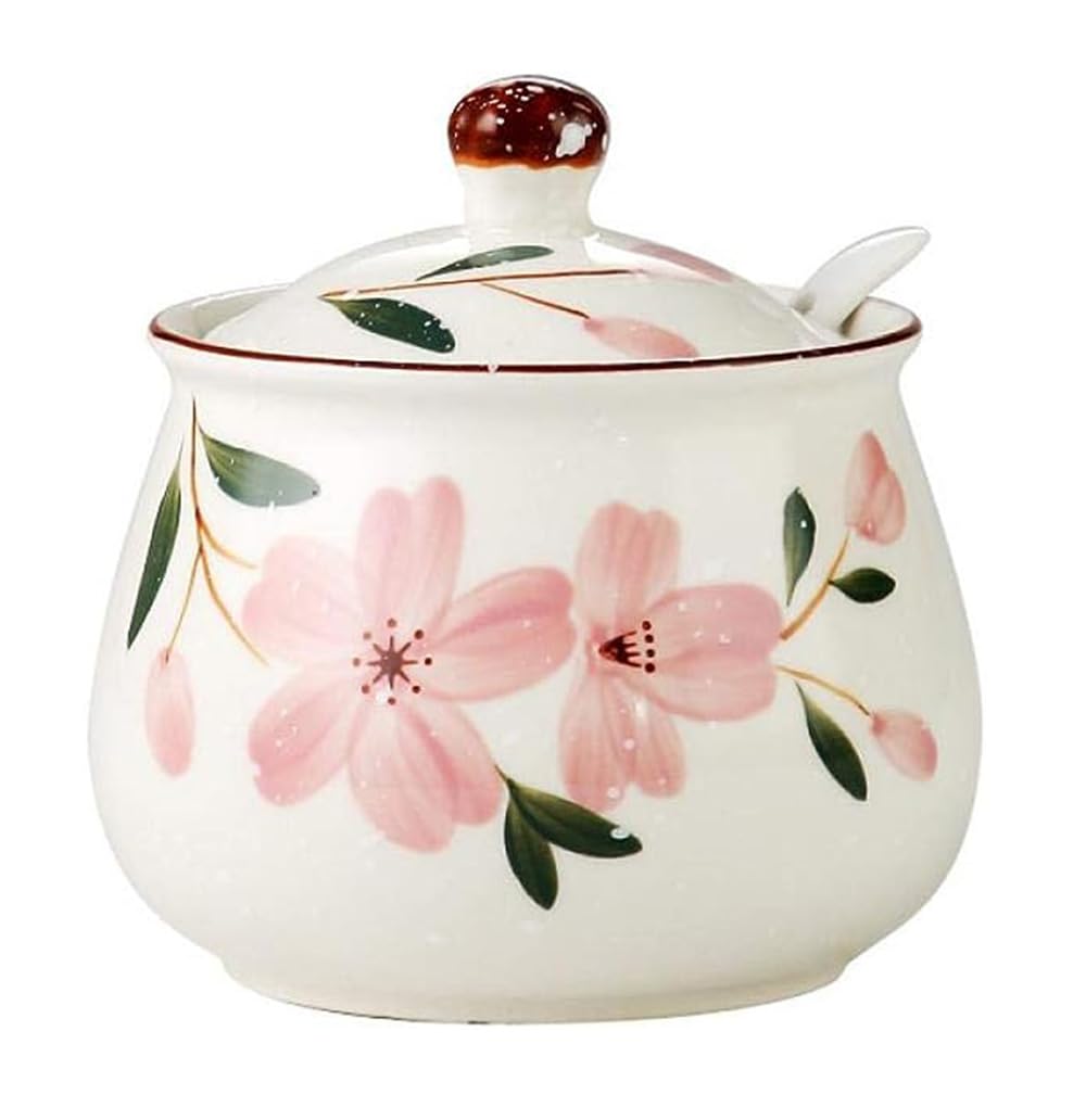 Ceramic Sugar Bowl, Flower Pattern Seasoning Jar with Lid Spoon, Sugar Pot