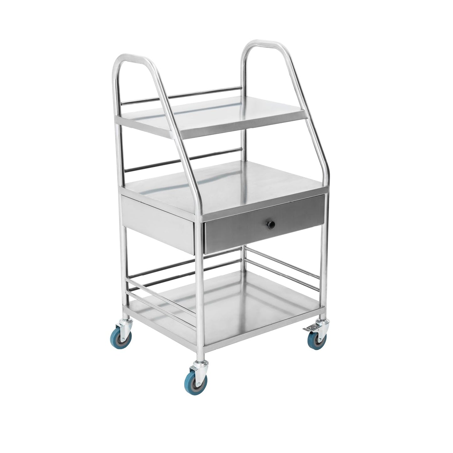 Pearington Rolling Medical and Lab Cart with 3 Shelves & Drawer, Transportable Workstation, Stainless Steel Mobile Storage Cart for Clinic, Salon, and More, 21.22'' L x 17.29'' W