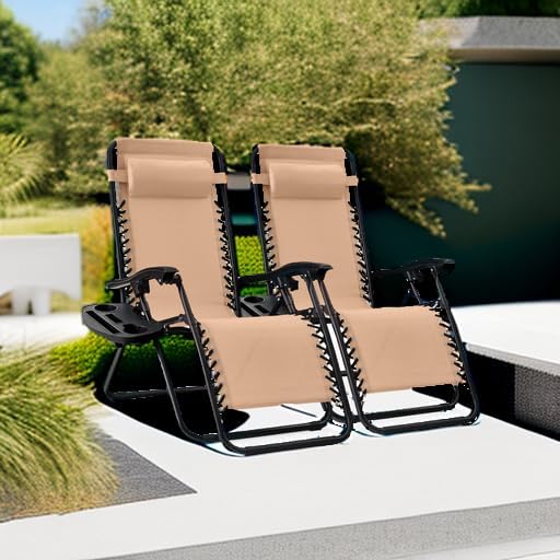 Best Choice Products Set of 2 Adjustable Steel Mesh Zero Gravity Lounge Chair Recliners w/Pillows and Cup Holder Trays - Beige