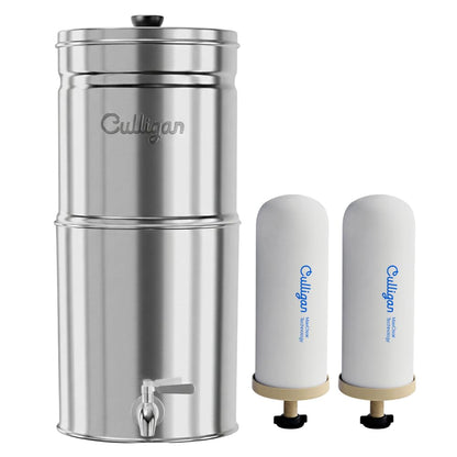 Culligan MaxClear 2.25 Gallon Gravity Water Filter System, Polished Stainless-Steel Countertop Water Filter NSF/ANSI Certified to Reduce Microplastics, Lead & Total PFAS, with 2 Ceramic Filter