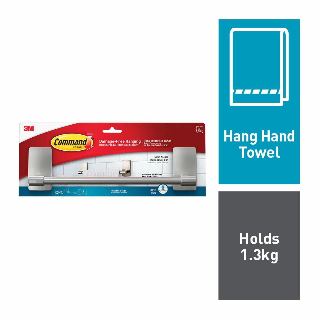 Command Hand Towel Bar, Satin Nickel Finish, Rust-resistant, Holds 1,3Kg - Organise your Bathroom Damage Free
