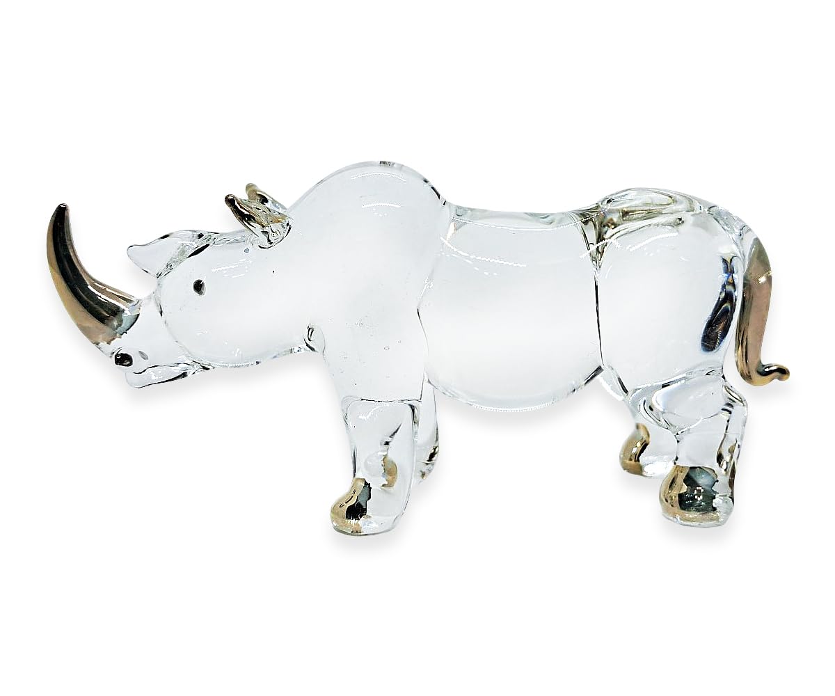 WitnyStore Tiny 5½" Clear Gold Stand Rhino Figurine - Miniature Hand Blown Painted Glass Rhinoceros Tropical Savanna Wildlife Animals Cute Crystal Decorative Figures Collectible Figurines Décor Gifts