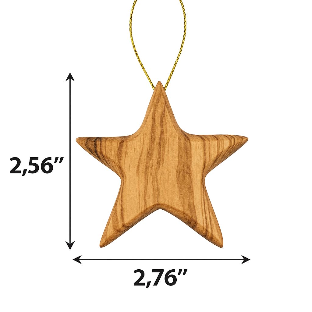 Zuluf Set of 3 Olive Wood Star Ornaments from Bethlehem 2.56 Inch, Handcrafted Star of Bethlehem Christmas Tree Decorations, Rustic Holy Land Christian Wooden Ornaments, with Certificates