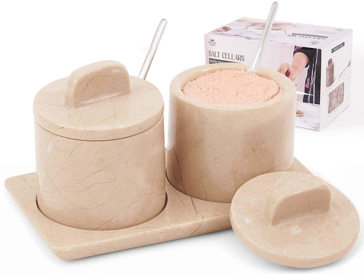 SPESHSTONES Marble Salt Cellar Beige 4 Inch Salt Jar with Lid, Table Salt Containers for Countertop, Salt Dish, Salt Holder, Spice Jars, Sugar Bowl, Seasoning Container Set of 2, Salt Dispenser